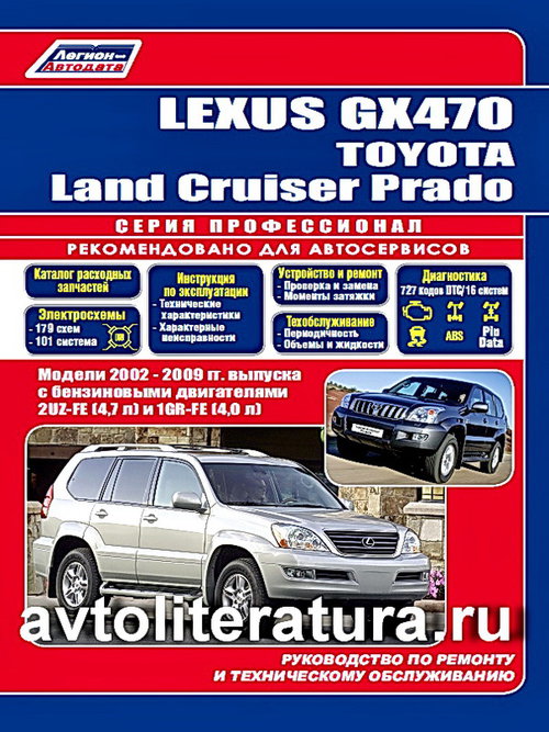 Книга TOYOTA LAND CRUISER PRADO 120 (Тойота Ленд Крузер Прадо 120) 2002-2009 бензин Профессиональное руководство по ремонту и эксплуатации (4600)